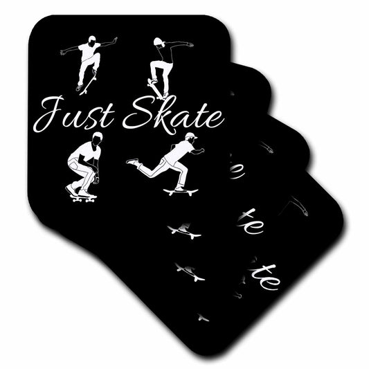 3dRose Alexis Design - Sport Skateboard - Four Skateboarders in Action, Text Just Skate on Black Background - Coasters