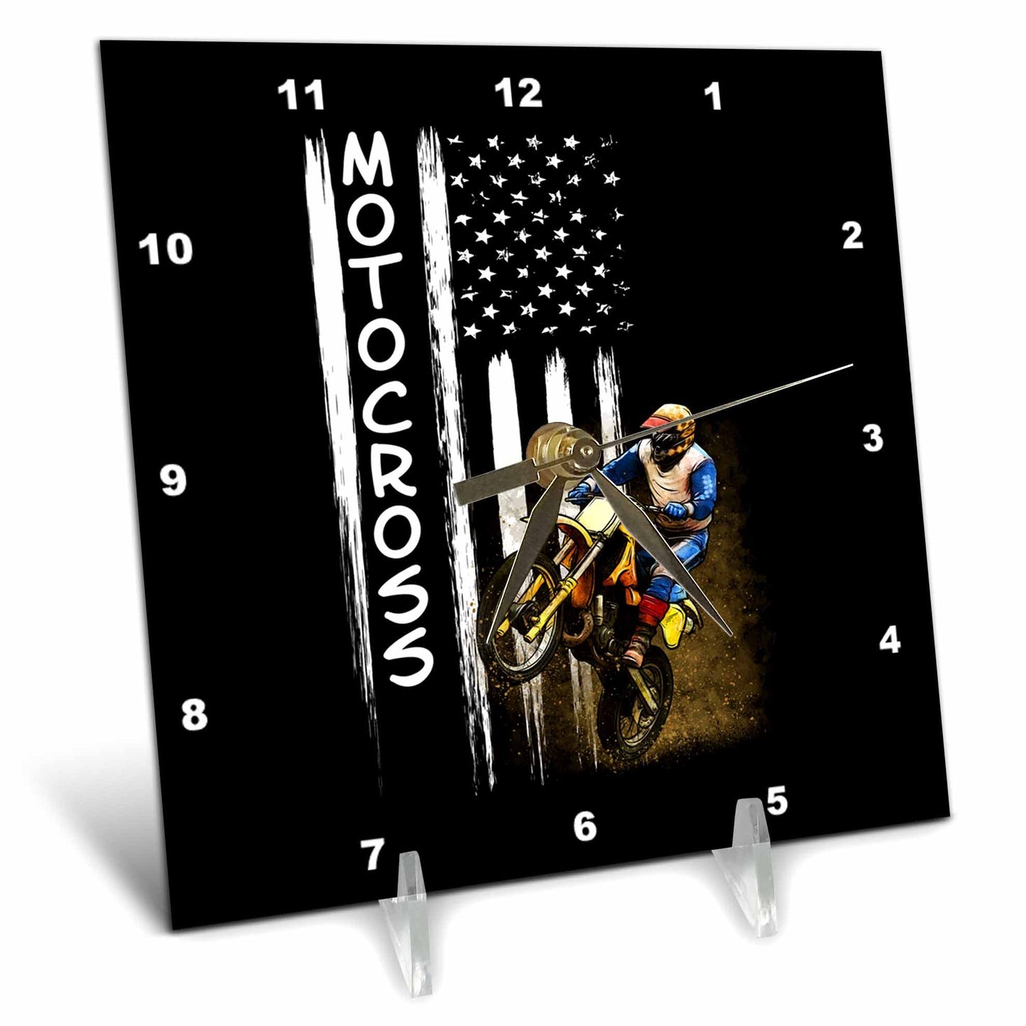 3dRose Sven Herkenrath Sport - Motocross Dirtbike with Quotes and United States America Flag - Desk Clocks (dc_320095)